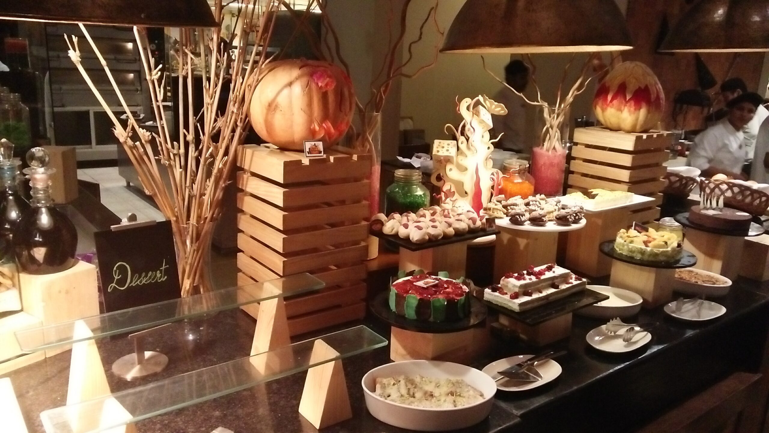 Hotel pastry buffet spread showing organised mise en place in action